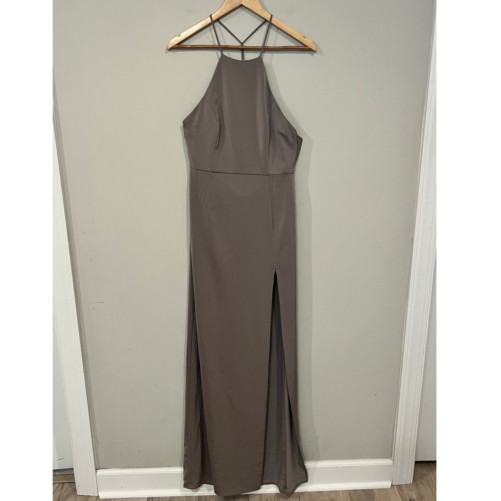Lovers + Friends :Sheyla" Halter Maxi Dress Satin Taupe Grey S High Slit